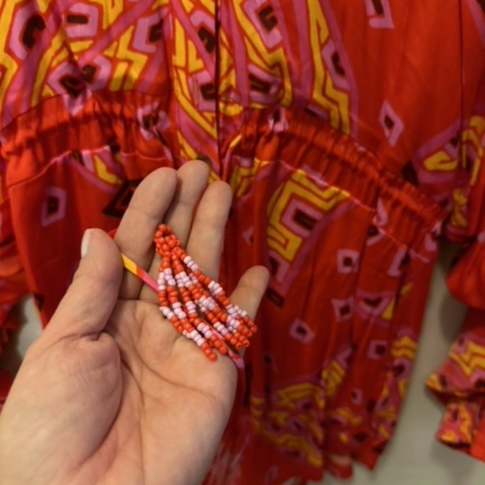 FARM Rio Red Orange Pink Patterned Long-Sleeve Romper - Picture 6 of 7